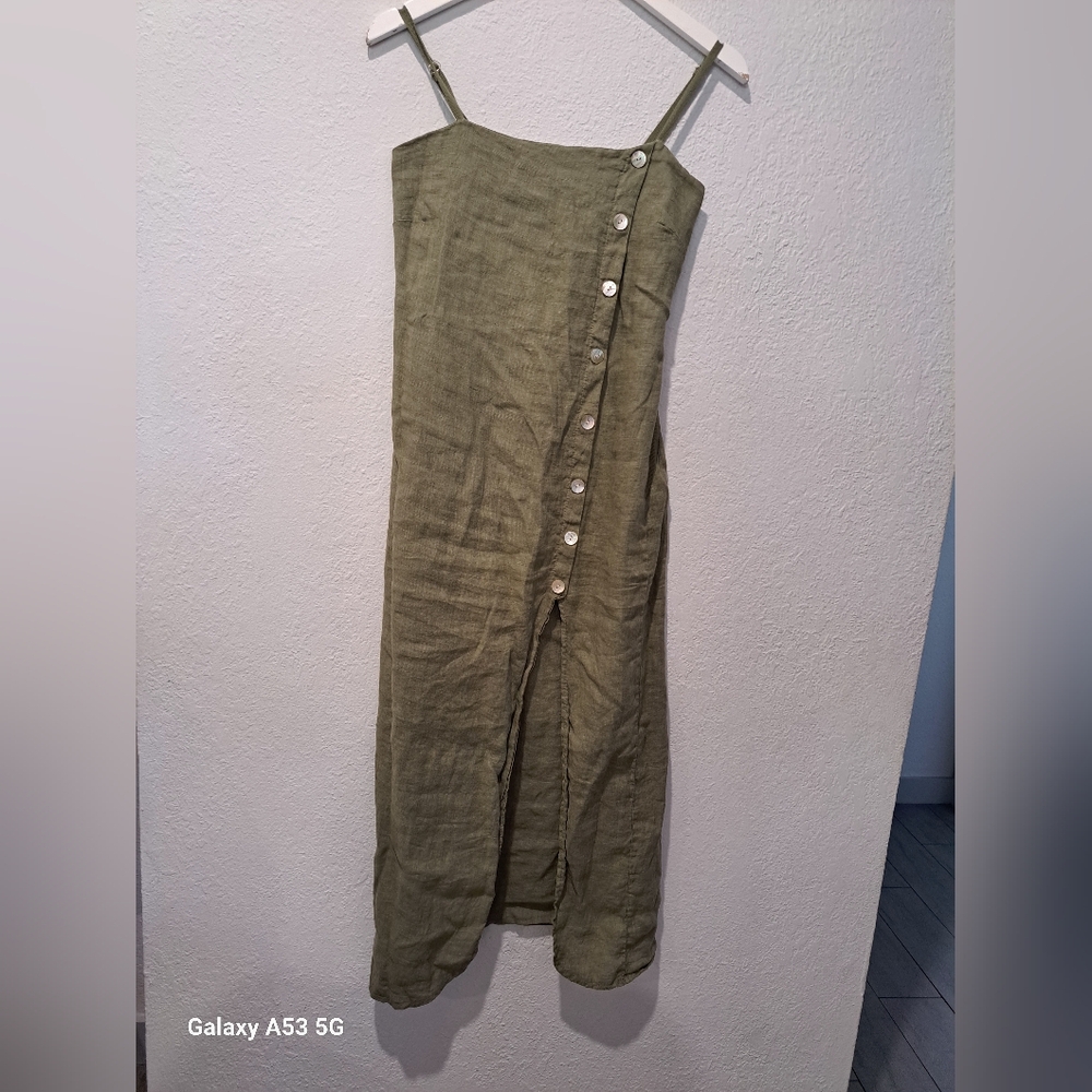Olive Green Linen Button-Front Slip Dress